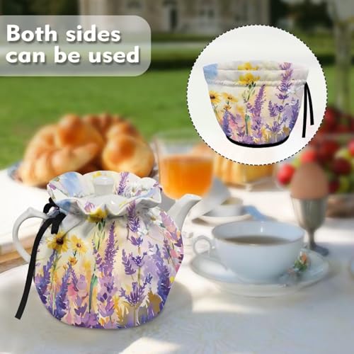 Image of Floral Show Window Teapot Cozies, Heat Preservation Teapot Dust Cover with Drawstring Creative Kitchen Tea Pot Cover, Home Kitchen Table Hotel