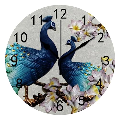 Wall Clock for Living Room Decor Peacock Peach Blossom PVC 9.8 Inch Hanging Round Desk Clocks Silent Non-Ticking Battery Operated Easy to Read Bathroom Kitchen Office