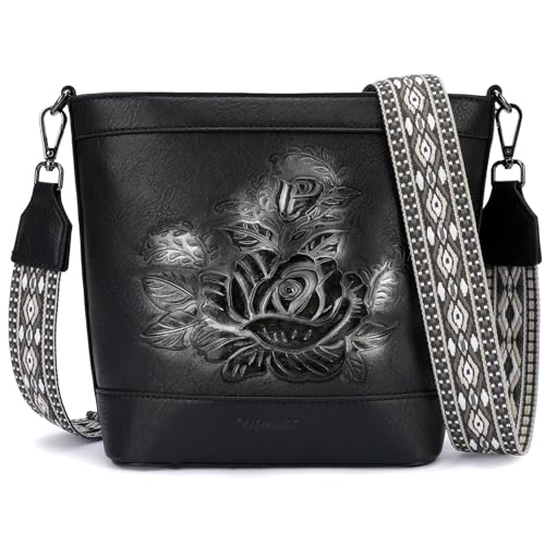 Image of Crossbody Purses for Women, Trendy Embossed Vegan Leather Bucket Bag, Travel Shoulder Handbag with 2 Detachable Straps