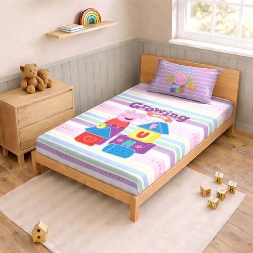Image of Sassoon Peppa Pig (Fun) Digital Printed, Cotton Single Bedsheet, 300 TC, 1 Pillow Cover, Fade Resistant, Bedsheet for Kid's Bedroom, (1.50m X 2.35m)