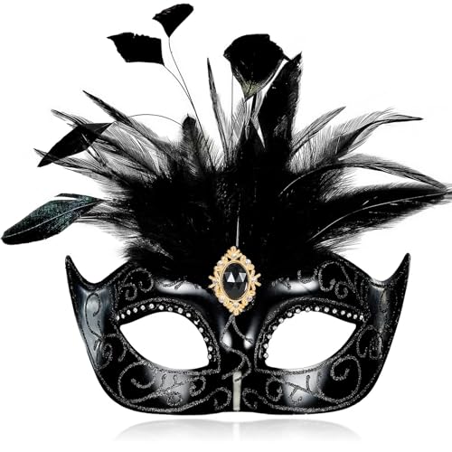 MYSEUNI 2025 Schwarze Maskerade-Masken für Damen mit Federn, venezianische Maske für Maskenball, Halloween