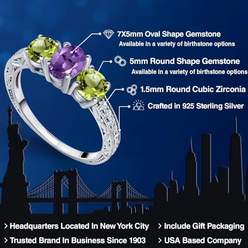 Gem Stone King 925 Sterling Silver Purple Amethyst and Green Peridot 3-Stone Engagement Ring For Women (2.01 Cttw, Oval Gemstone Birthstone, Available in size 5, 6, 7, 8, 9)2