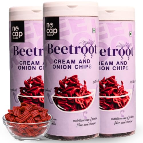 Image of NoCap Zero Guilt Healthy Beetroot Chips | No Palm Oil, No Transfat & Cholesterol | Mad Tasty |Cream & Onion Flavour| Made with 50% Real Beetroot | 3 Packs (150g Each)