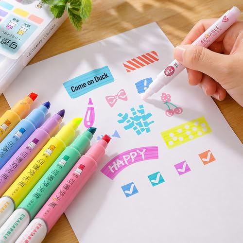 Image of WISHKEY Double-Head Erasable Marker Pens, Non-Toxic Ink, Quick Drying Colorful Highlighter Pens for Multipurpose, Stationery Items for Kids and Adults, 8+ Years (Pack of 6, Multicolor)