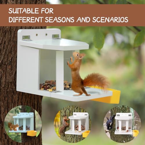 MIXXIDEA Wooden Squirrel Feeder with Water Bowl, Large Capacity Squirrels Feeders for Outside, Sturdy Construction, No Assembly Lovely Chipmunk Feeder for Corn, Peanut, Nuts, Chestnuts (White-1pk)
