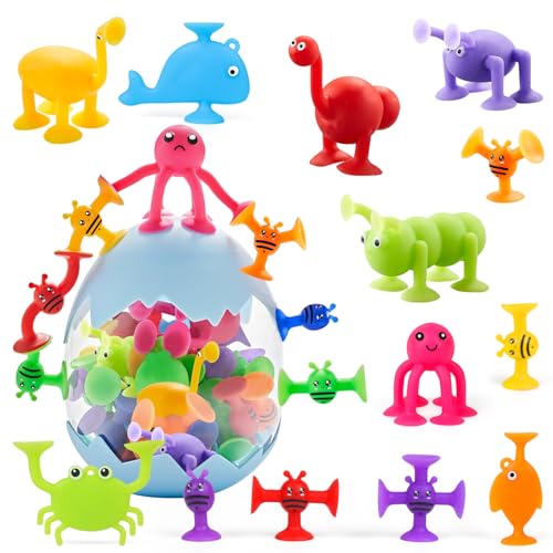 Juguetes de Succión para Bebés, Juguetes Bañera Bebe, 40 Piezas Juego de Ventosas para Niños, Juguetes Sensoriales con Cáscara de Huevo de Dinosaurio
