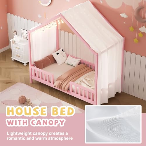 Image of Twin Size Wood House-Shape Platform Bed with Roof Frame and Canopy, Montessori Floor Bed with High Railings and Slat Support for Kids Girls Boys, No Box Spring Needed (Pink-05, Twin)