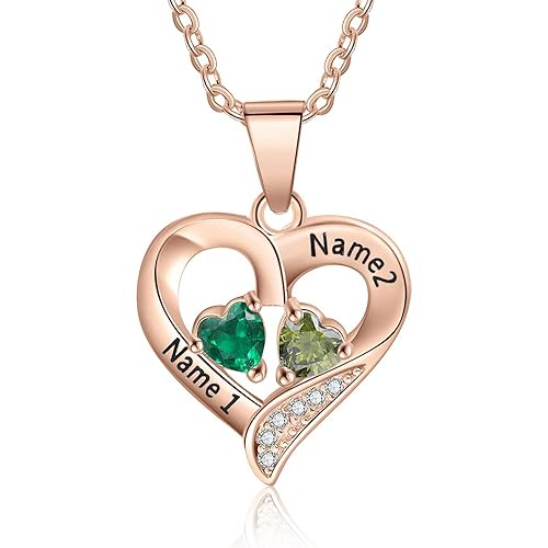 Sterling Silver Personalized 2 Names Necklace with 2 Heart Simulated Birthstone Couple Pendant Necklace for Women