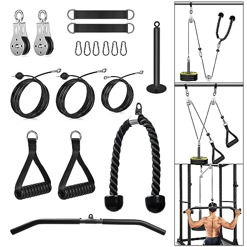 Kabelzug Fitness Kabel Latzug Fitness Bizeps Rücken Trainingsgerät Kabelzug Pulley System Latzug-Maschine Arm Krafttraining Home Gym Workout Equipment (Set mit Latzugstange, Trizepsseil, Griff)