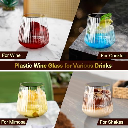 Image of Lueumxc 40 Pack Plastic Ribbed Wine Glasses, 14Oz Origami Disposable Wine Glasses Unbreakable Clear Plastic Cocktail Glasses Recyclable Shatterproof Reusable Wine Cups (14oz-Gold Rim 40pack)