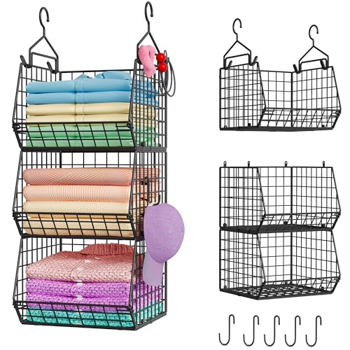 X-cosrack 3-Tier Hanging Storage Organizer for Closet, Laundry & Utility Room | Space Saving Shelves with 1.65' Hook & 5 S-Hooks | Hanging Wire Baskets (12.4' W x 8.8' H x 10.24-11.8' D)