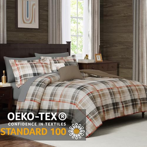 Image of MaiReve Plaid Queen Comforter Sets Khaki, Classic Farmhouse Bedding Set Bed in A Bag 7 Pieces, Lightweight All Season Comforter Set with Fitted & Flat Sheet, Pillowcases & Shams