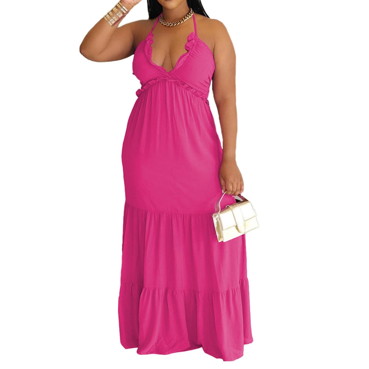 TOPSRANI Womens Sleeveless Maxi Dress Halter Casual Backless Smocked Tiered Ruffle Flowy Sexy Slip Sling Strap Dresses