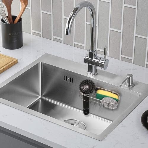 WSOQYEO Sink Sponge Holder, Magnetic Kitchen Sink Caddy Holder, 304 Stainless Steel Sink Brush Holder+Sponge Holder, Two Suspension Modes, Sink Drain Frame- Silver (Traceless suction cup)