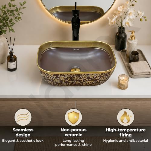 Image of Plantex Designer Ceramic Basin /Table Top Wash Basin for Bathroom /Countertop Vessel Sink - Indo-European Collection (EQTT-466, Gold & Brown)