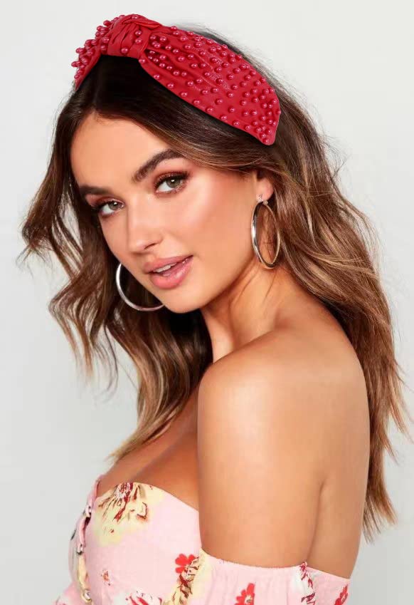 Miniatura 5 de FEDANS Diadema con nudos nacarados para mujer, color rojo, de lujo, con cuentas de cuero, adornado, banda para el pelo elegante de moda