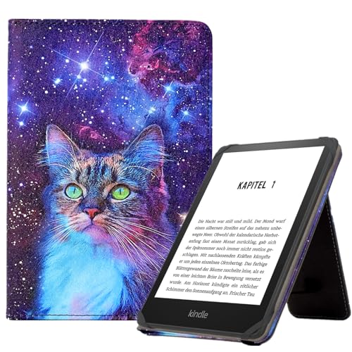 KEROM Universal 6 inch eReader Case, Universal eReader Case 6 inch, PU Leather Stand Cover with Hand Strap for All 6'' Kindle/Kindle Paperwhite/Kobo/Tolino/Nook/Sony/InkBook E-Book Reader, Space Cat