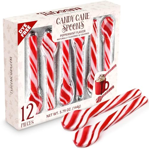 Peppermint Candy Cane Spoons Dye-Free - Pack of 12 Individually Wrapped Christmas Peppermint Flavored Hot Chocolate Spoons - Festive Holiday Treats for Stirring, Gifts & Stocking Stuffers