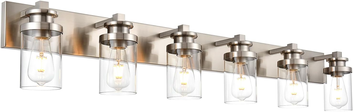 BONLICHT Lámpara moderna de montaje en pared de níquel cepillado, lámpara de tocador de baño, aplique de pared de granja, 6 luces, accesorios de