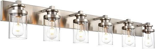 BONLICHT Lámpara moderna de montaje en pared de níquel cepillado, lámpara de tocador de baño, aplique de pared de granja, 6 luces, accesorios de