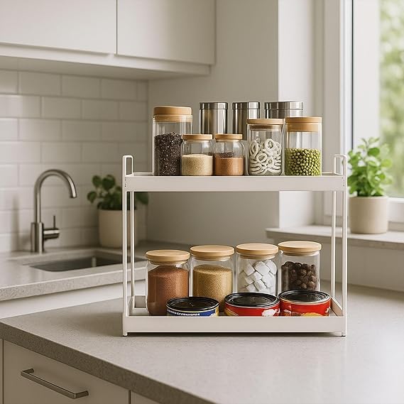 Image of Niyara Iron Metal Heavy Duty Stand 2-Tier multistorage /Multipurpose Standing Rack, Bathroom Countertop Storage Shelf Cosmetic Organizer Holder Kitchen Spice Rack, (Square White)