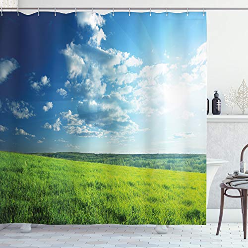 ABAKUHAUS Nature Shower Curtain, Refreshing Meadow Valley Under Cloud Sun Sky Spring Grass Country Image, Cloth Fabric Bathroom Decor Set with Hooks, 86 Inches Extra Long, Lime Green Pale Blue