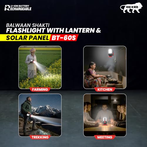 Image of Balwaan Krishi Solar Flashlight with Lantern | 5W LED| 2-in-1 Torch| BT-60S | Type-C Rechargeable Torch, 3 Front & 2 Lantern Modes, 2-in-1 Torch Lantern, Emergency Light for Home