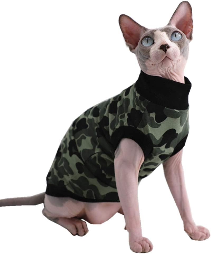 Camo Sphynx Cat Cute Breathable Summer Cotton T-Shirts Pet Clothes, Round Collar Green Frog Vest Hairless Cat Kitten Shirts, Cats &…