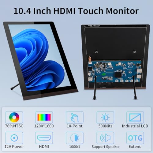 Image of Touch Screen Display 10.4″, IPS 1200:1600 3:4 Vertical Mini HDMI Screen, 500nits Outdoor Readable Industrial Monitor, Second External Monitor for Laptop Rasp Pi AIDA64 STEM DIY