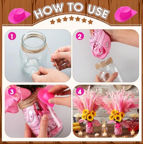 Image of Wonderjune 135 Pcs Western Cowboy Table Centerpieces Cowgirl Rodeo Party Decor with Mason Jar Bandannas Mini Hat Sunflowers Pampas for Cowboy Cowgirl Baby Shower Birthday Wedding Party Decor(Pink)