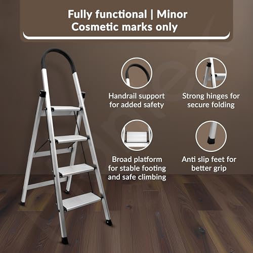Image of Plantex Aluminium Ladder for Home /4-Step Ladder with Minor Surface Marks from Transit, Fully Quality Checked /Anti-Skid Step Ladder /Assured by Plantex (Anodize-Silver)
