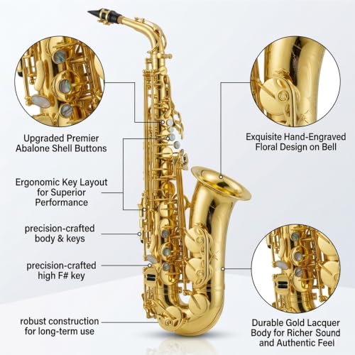 Image of Alto Saxophone Eb Gold Lacquer Finish Complete Starter Kit with Hard Case, Reeds & Maintenance Accessories for Entry & Intermediate Musicians, Beginners