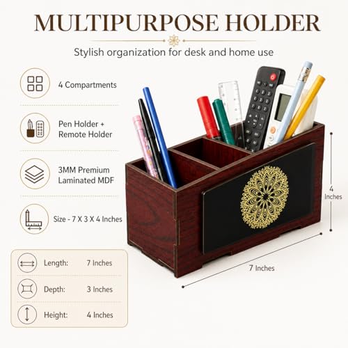 Image of Zesta Wooden Desk Organizer Pen Stand Remote Holder Card Slot | Table Accessory Office Desk Study Room | Pencil Storage Stand Stylish Workspace Decor (Pen Holder with Mandala Print)