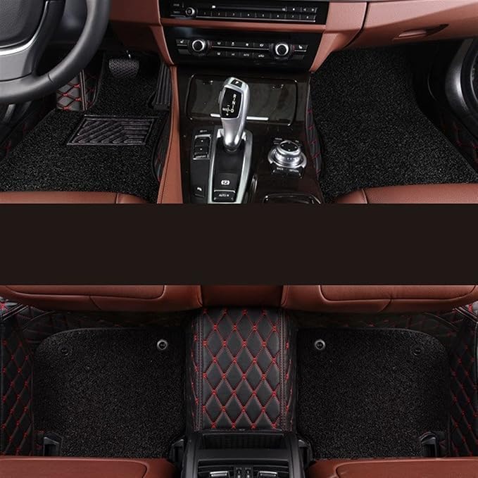 Image of 7D Car Floor Mat Compatible for La.nd Ro.ver Defender 7 Seater | Luxury Leatherette with Grass | Waterproof & Washable | Complete Set | Color - Black Red