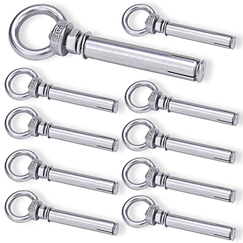 Muzata 10Pack M6 Lag Eye Bolts Shoulder Heavy Duty Expansion Screws Stainless Steel with Nut Lift Ring Hook Anchor Fastener for Concrete Wall Masonry Ceiling CN35, HN3