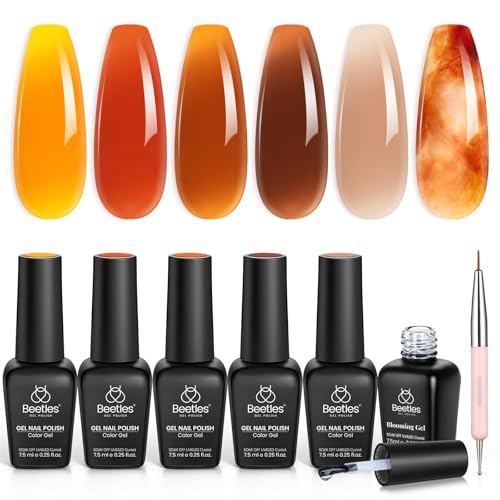 Beetles Gel Nail Polish Set – Amber Chic Jelly Gel Polish with Blooming Gel for Marble Effects, 6 Colors Yellow Red Brown Gray Translucent Soak Off UV LED Autumn Nail Art