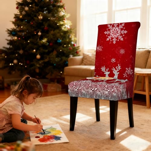 Image of Nuxovilar 6PCS Deer Snowflake Red Stretch Chair Covers 23.6x70in | Holiday Slipcover Festive Protector Snowflake Wrap Seat Guard Dining Room Family Dinner Gathering (Snowy Deer)