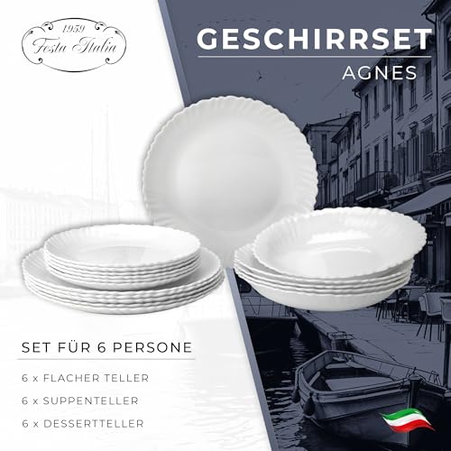 Geschirrset 6 Personen - 18 Teilig - Tellerset aus Opalglas - Weiß Essgeschirr Set - Schüssel- und Tellerset - Modern Tafelservice - Teller - Essservice - Geschirr Set 6 Person – Bild 2