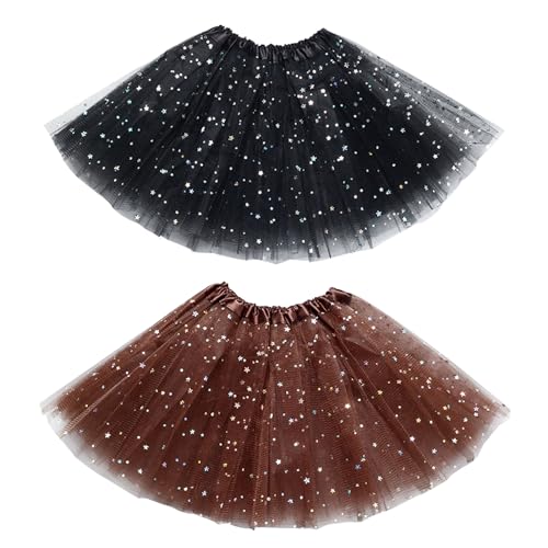 EUPSIIU 2 Stücke Tütü Star Minirock, Tüllrock Kinder Mädchen Röcke Tutu, Prinzessin Tüllrock, 3 Schichten Tüll Paillette Ballett Tanz Rock für Karneval Geburtstag Halloween Party (Schwarz, Braun)