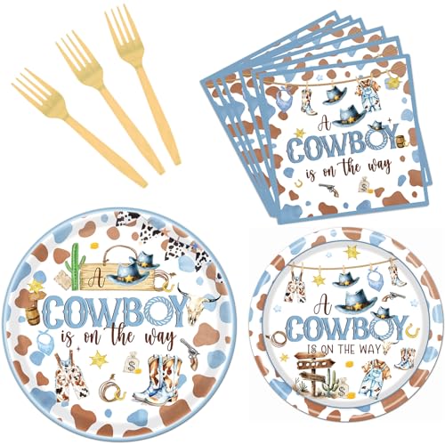 Refavor Cowboy Baby Shower Decorations Supplies, 96PCS Western Baby Shower Plates Napkins and Forks Set, A Little Boy Is on the Way Theme Disposable Tableware for Boys