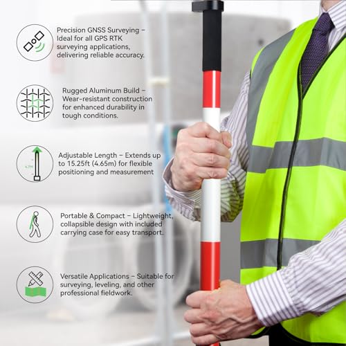 Image of 4.65m /15.25FT Aluminum Prism Pole - Dual Scale, Quick Release Clamp & 40-Minute Bubble Level, Survey GPS Pole for GPS /GNSS /Total Stations