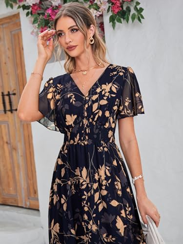 Image of Simplee Women's Boho Floral Maxi Dress Flowy Casual V Neck Short Sleeve Wedding Guest Holiday Beach Long Dress