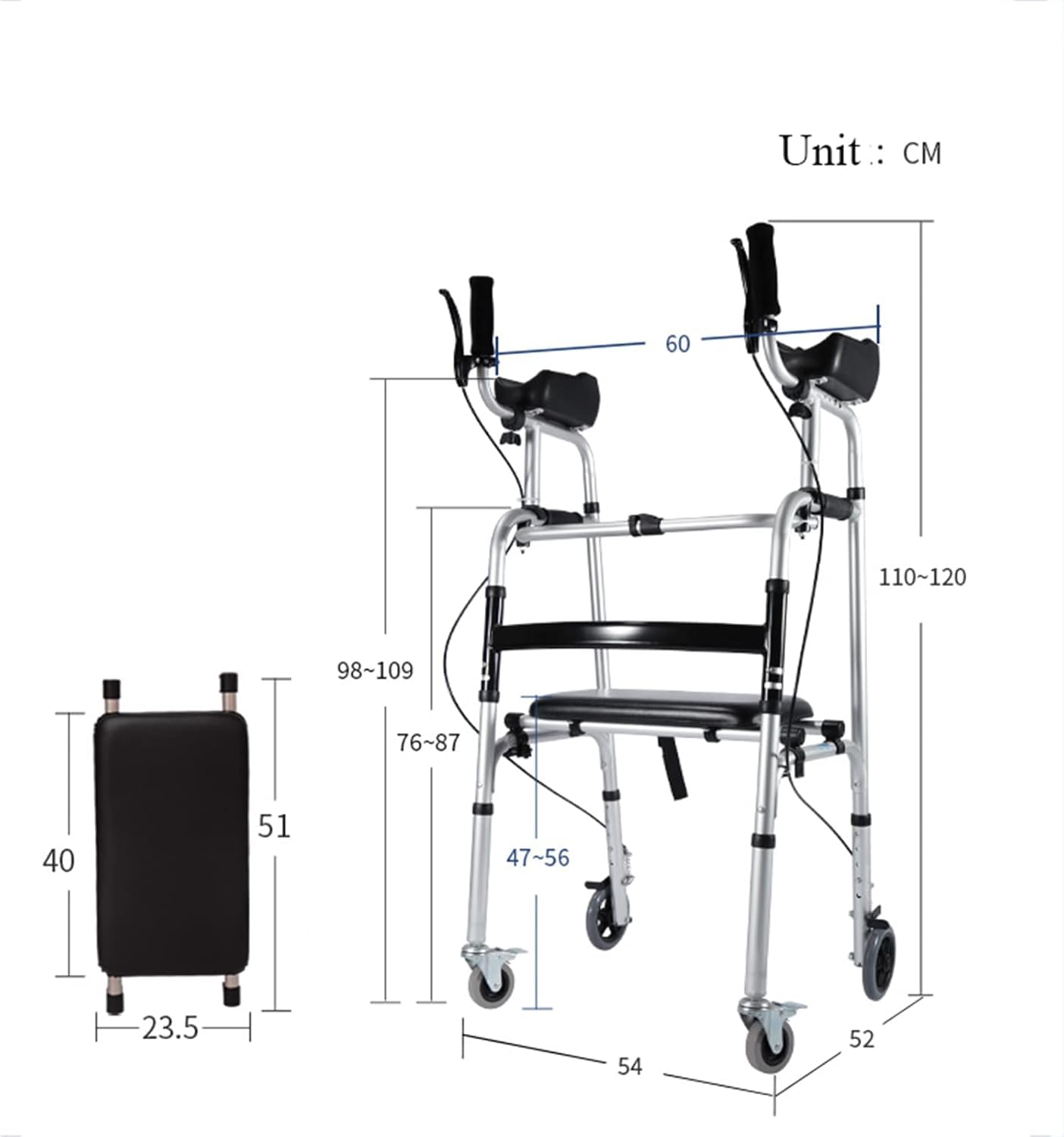 Balkonik Z Hamulcami I Podłokietnikiem, Lekki, Składany 4-kołowy Chodzik Rollator Z Wyściełanym Siedziskiem, Silver