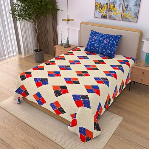 Image of India 00% Cotton Single Bedsheet with 1 Pillow Cover | 240 TC Pure Cotton Flat Bed Sheet | Traditional Jaipuri Printed Bedding Set | Soft & Breathable | 60 x 90 Inch (Cream & Royal Blue)