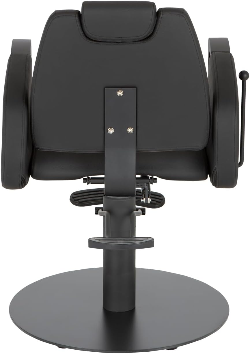 Buy-Rite Venus Noir Reclining Salon Chair with Black Metal armrests, Heavy-Duty Round Base, Adjustable headrest, and Durable Vinyl Upholstery. Model YLG-375A-BLACK-BLACKFLATROUND.