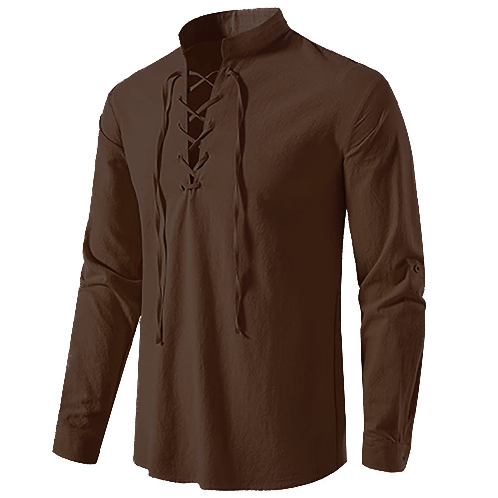 TOONRAIN Men's Linen Medieval Gothic Renaissance Shirt, Retro Lace-up Long Sleeve Shirts for Viking Pirate Hippie Costume