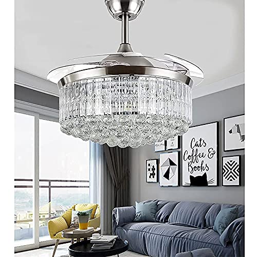 42 Crystal Ceiling Fan with Retractable Blades Modern Indoor Chandelier Ceiling Fans with Lights Invisible LED Fandelier Ceiling Fan with Remote 3 Color Temperature Light Fixture Brushed Nickel