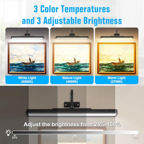 Image of Magnetic Picture Light for Wall Rechargeable Battery Operated, LED Painting Lights with Remote Dimmable and Timer, 3 Color Temps 9 RGB, 16in Art Dispaly Light for Gallery, Dashboard, Artwork