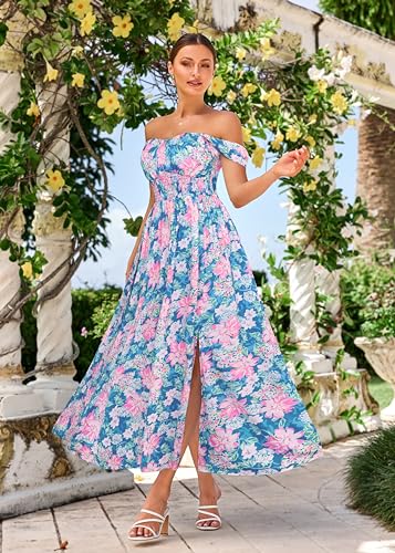 Image of GRACE KARIN 2026 Women's Summer Floral Wedding Guest Dress,Beach Flowy A Line Maxi Off Shoulder Bridesmaid Dresses