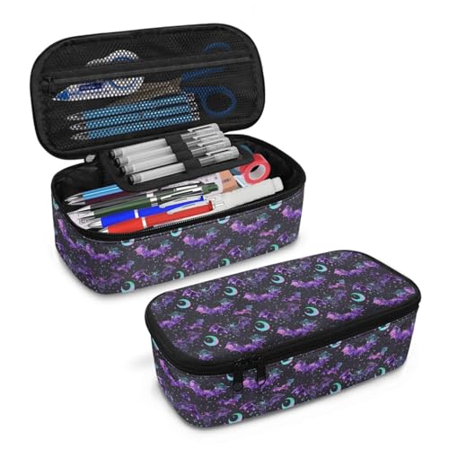 Image of Bat Star Moon Pencil Case for Kids Halloween Large Pencil Pouch for 3-16 Years Boys Girls Pencil Organizer for Children Personalized Pencil Bag with Mesh Pocket and Protable Handle